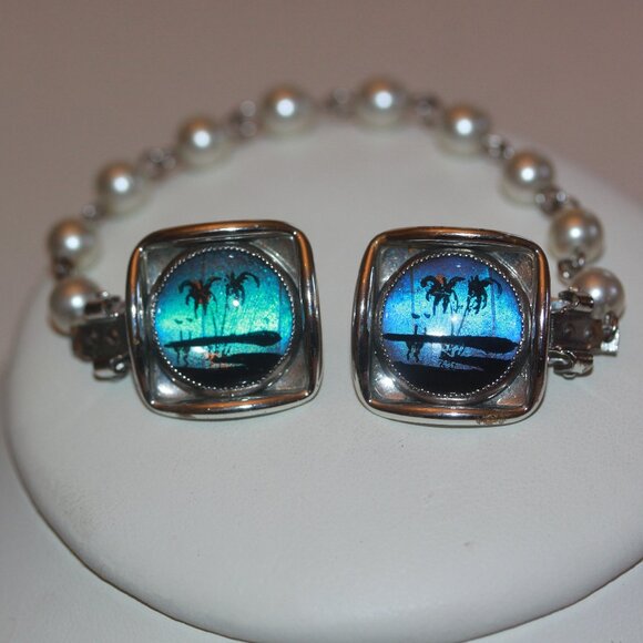 Vintage Sterling Plated BUTTERFLY WING Scarf Clasp Holder Faux Pearls - Picture 1 of 4